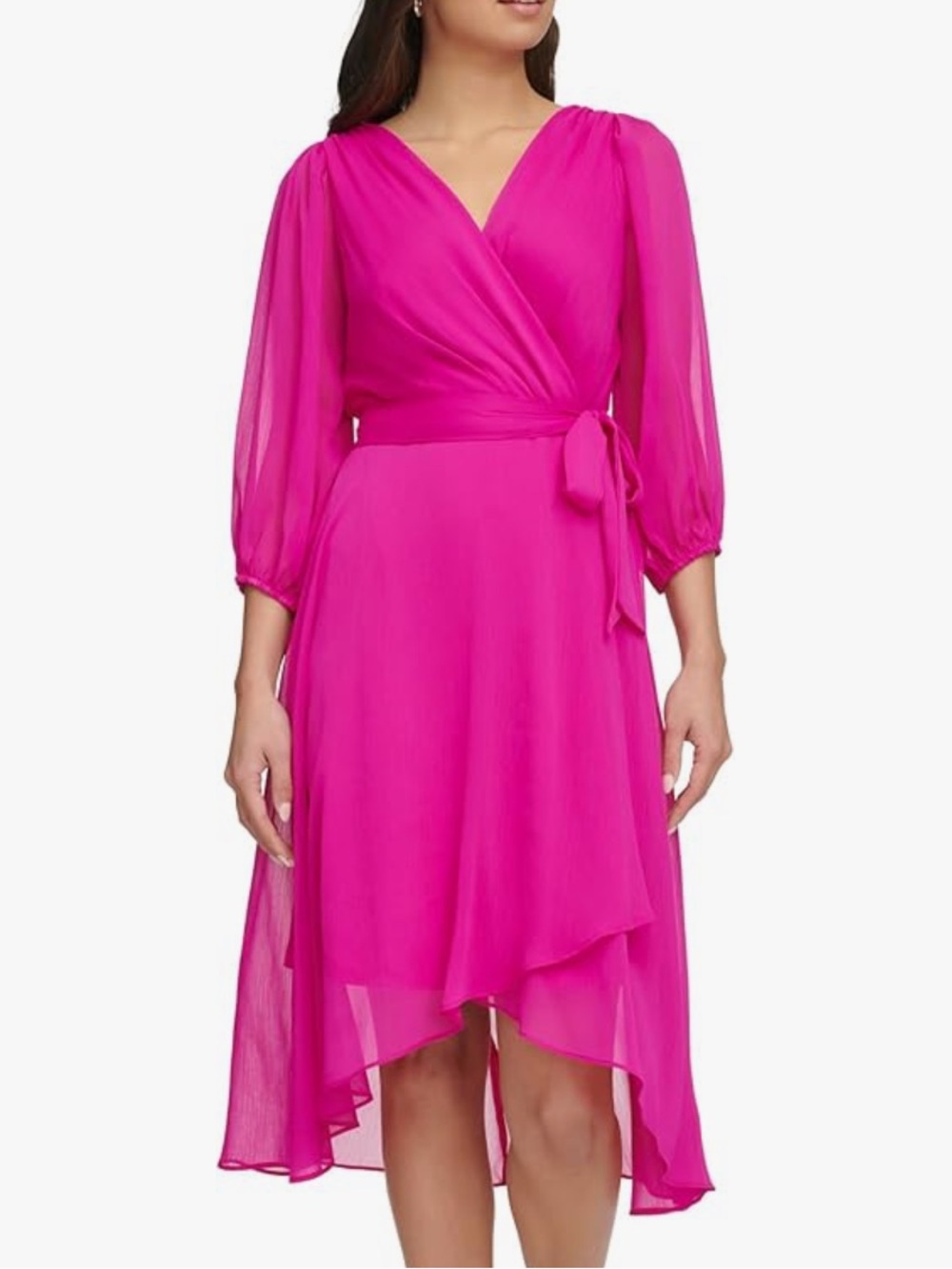 DKNY women’s chiffon wrap midi dress-  bishop-style sleeves -high-low hem sz 10